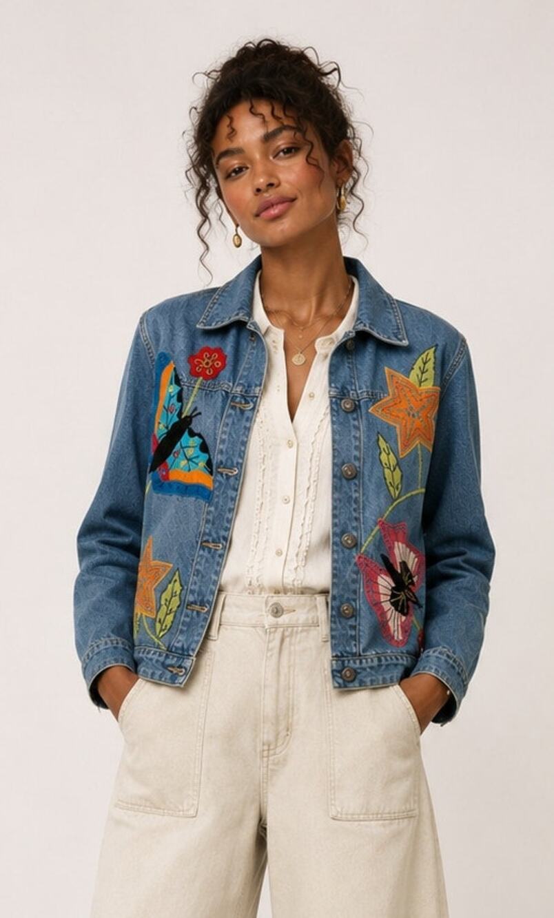VTG 90s Butterfly Embroidered Patchwork Denim Jacket S M Art Teacher Fairy